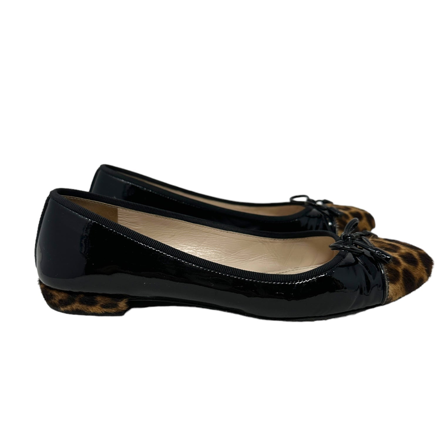 Clothes Mentor Asheville, North Carolina, Black Patent Ballerina Leopard Shoes Designer By Prada  Size: 7.5