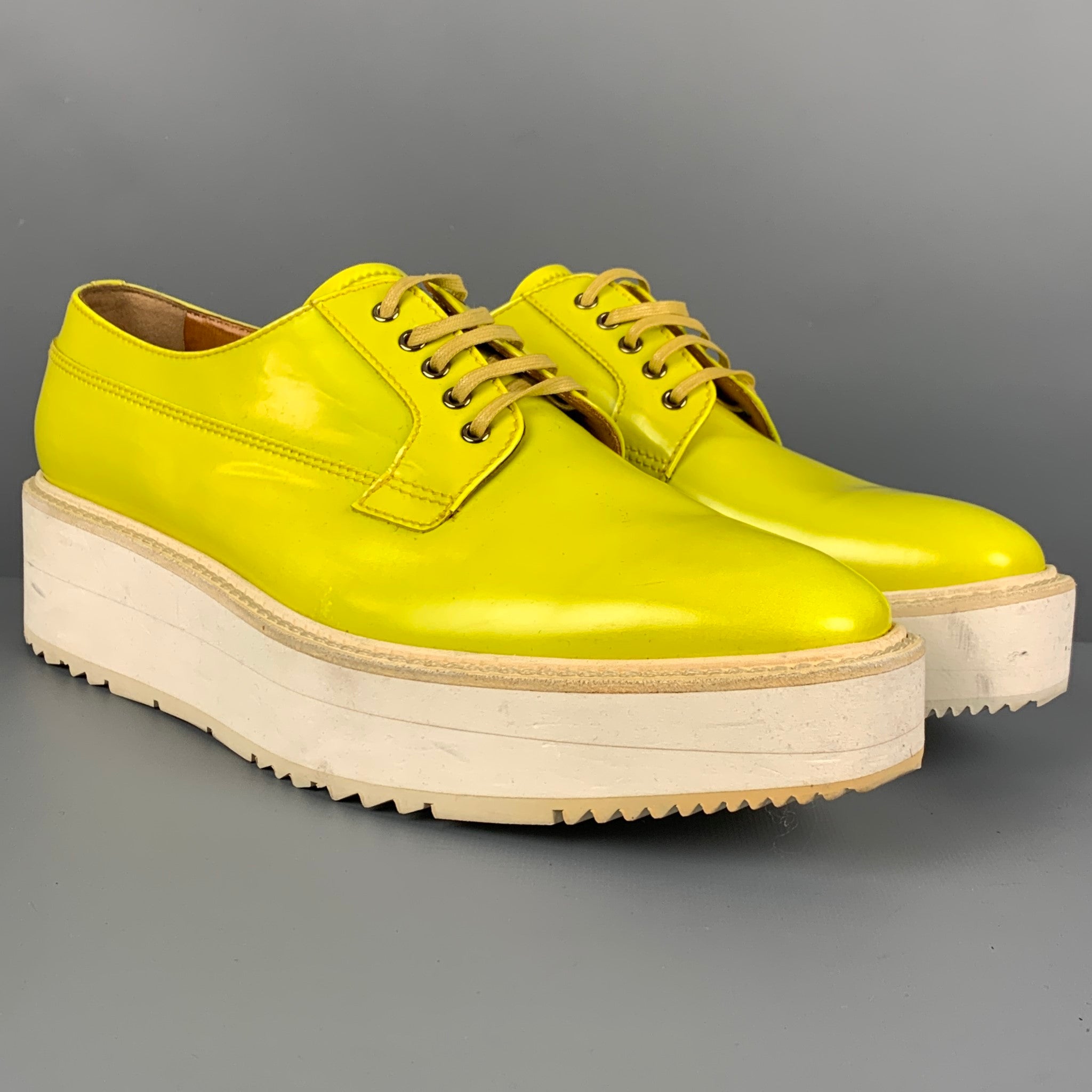 PRADA, PRADA Size 11 Yellow White Leather Platform Lace Up Shoes