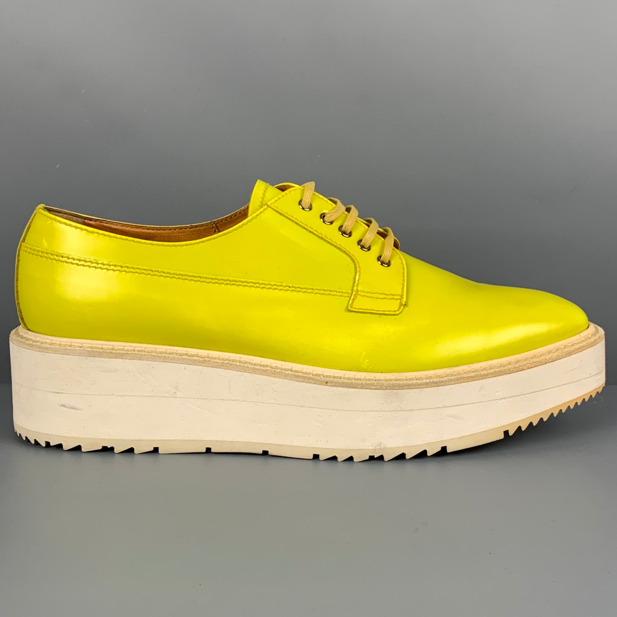 PRADA, PRADA Size 11 Yellow White Leather Platform Lace Up Shoes