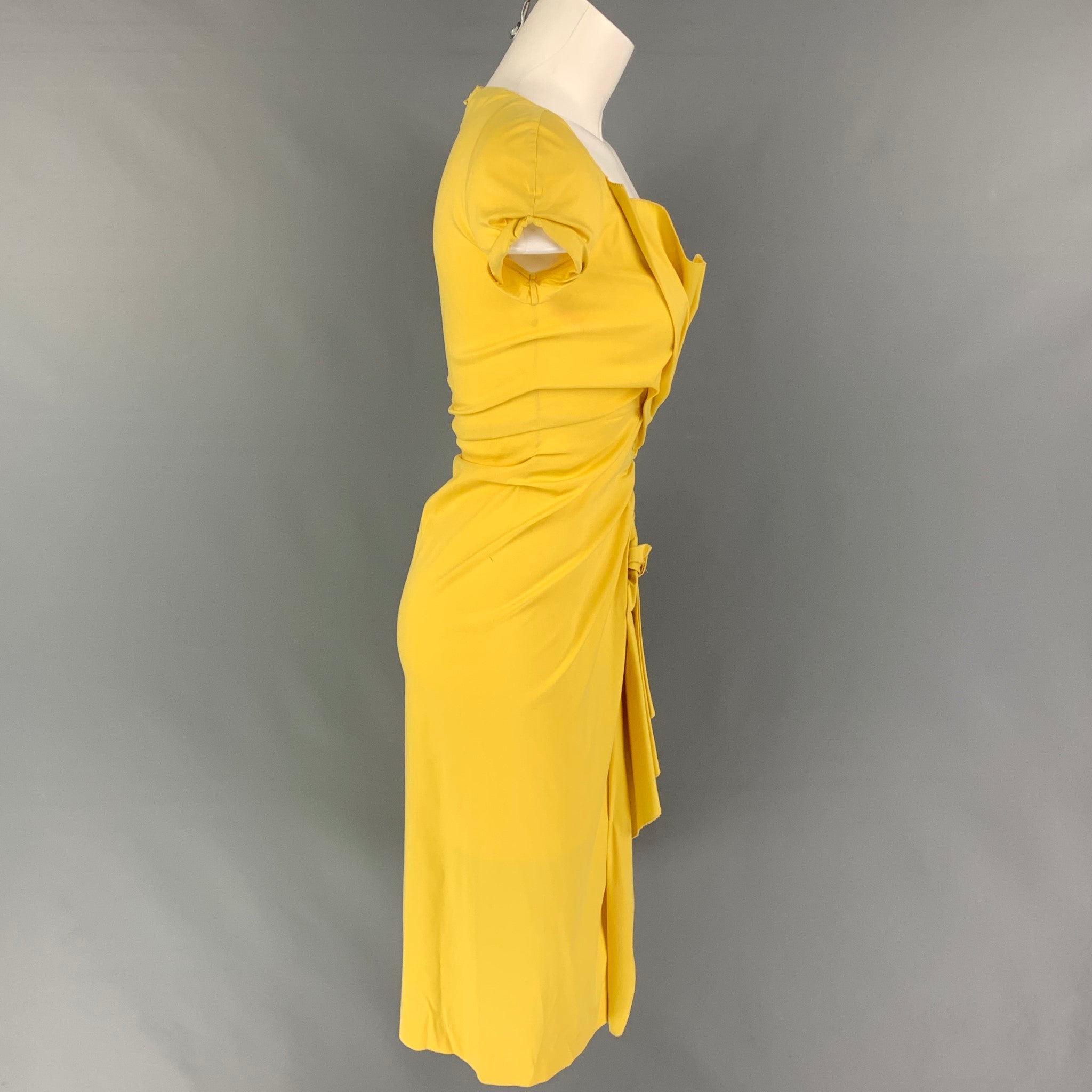 PRADA, PRADA Size 4 Yellow Cotton Blend Ruched Short Sleeve Dress