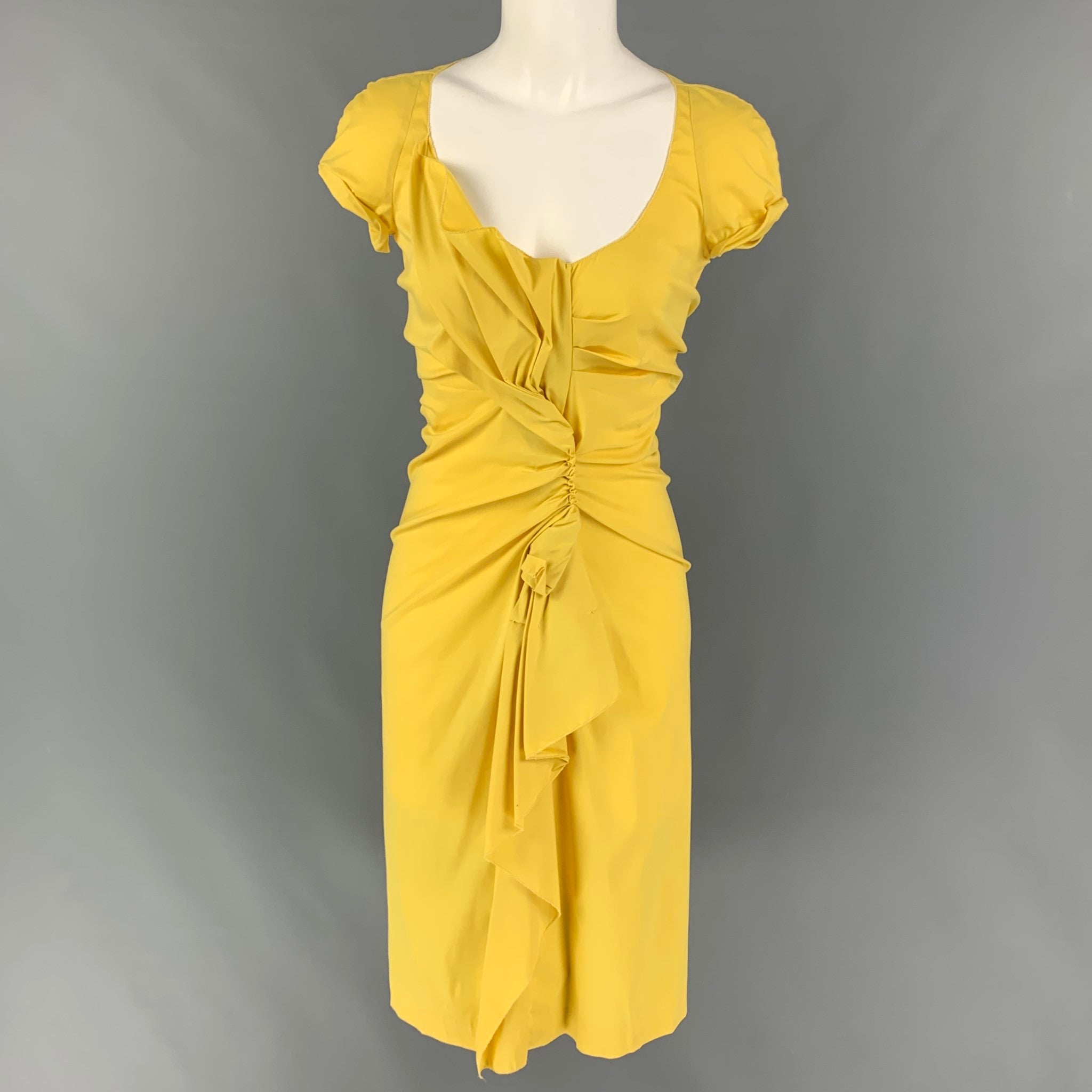 PRADA, PRADA Size 4 Yellow Cotton Blend Ruched Short Sleeve Dress