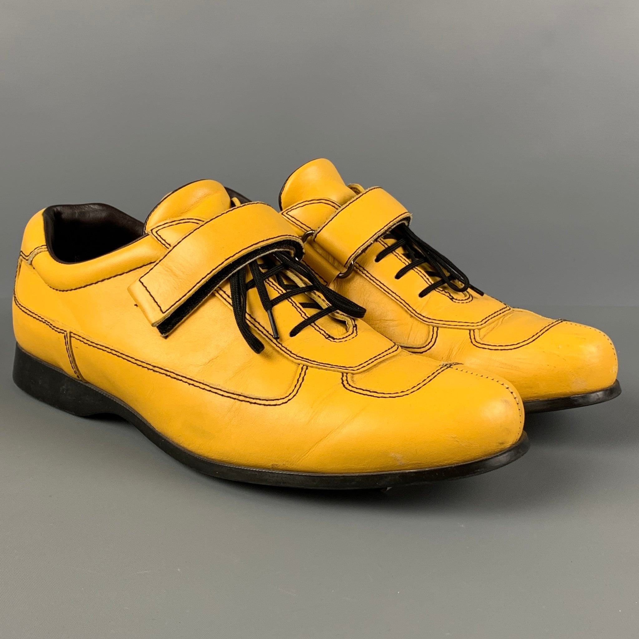 PRADA, PRADA Size 8.5 Yellow Contrast Stitch Leather Split Toe Lace Up Shoes