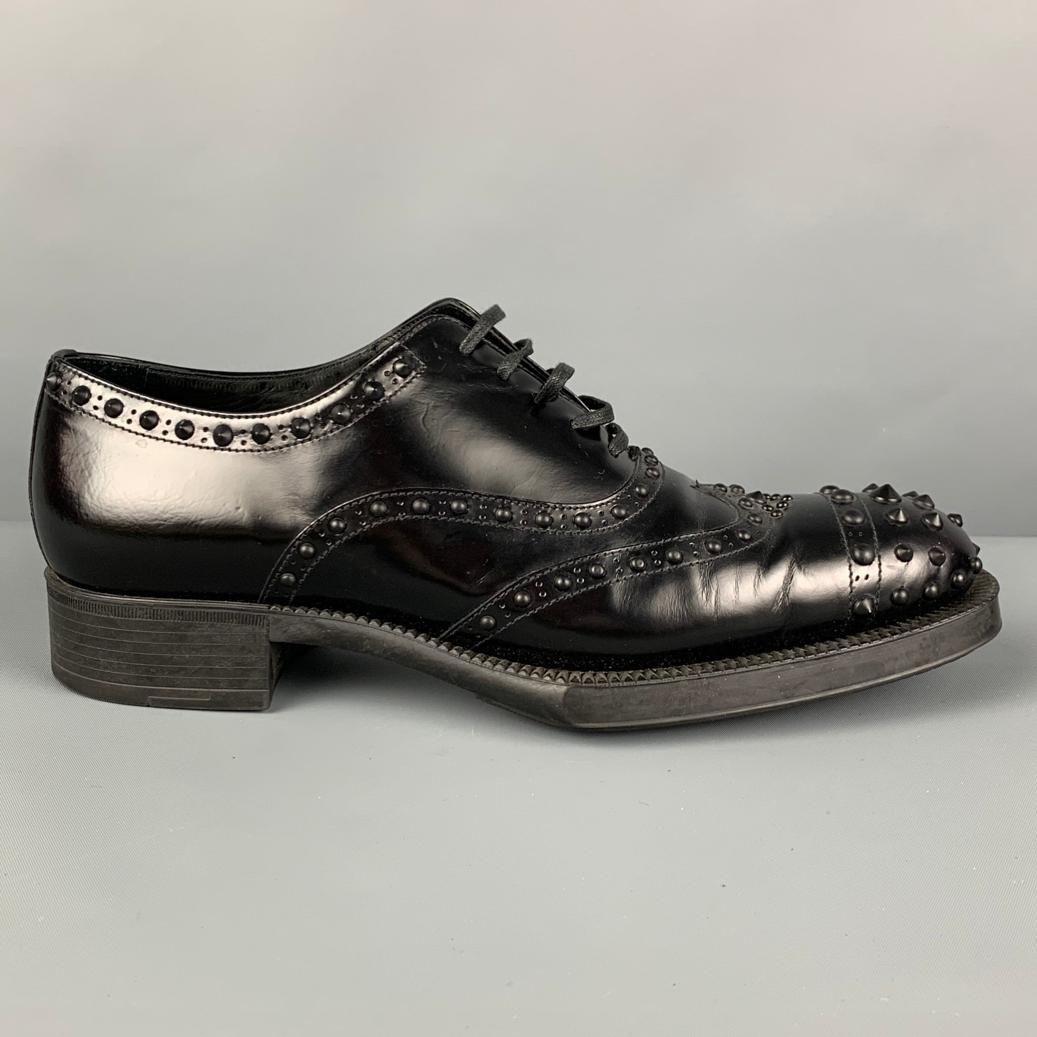 PRADA, PRADA Size 9 Black Leather Studded Cap Toe Shoes