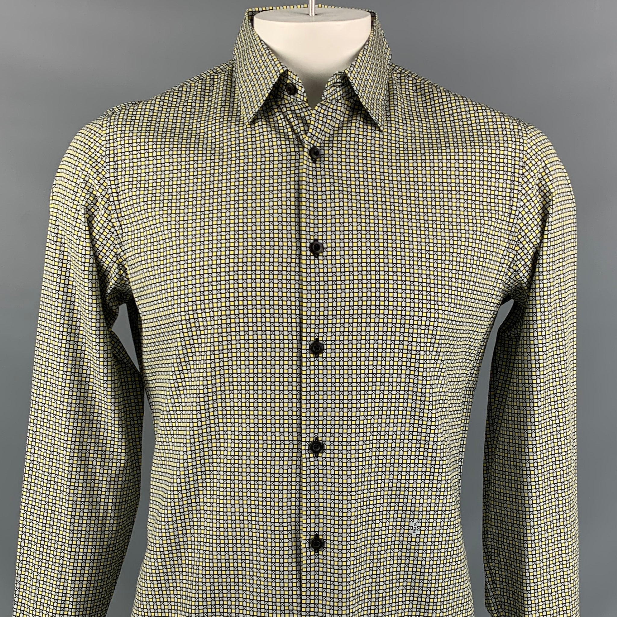 PRADA, PRADA Size L Yellow & Black Checkered Long Sleeve Shirt