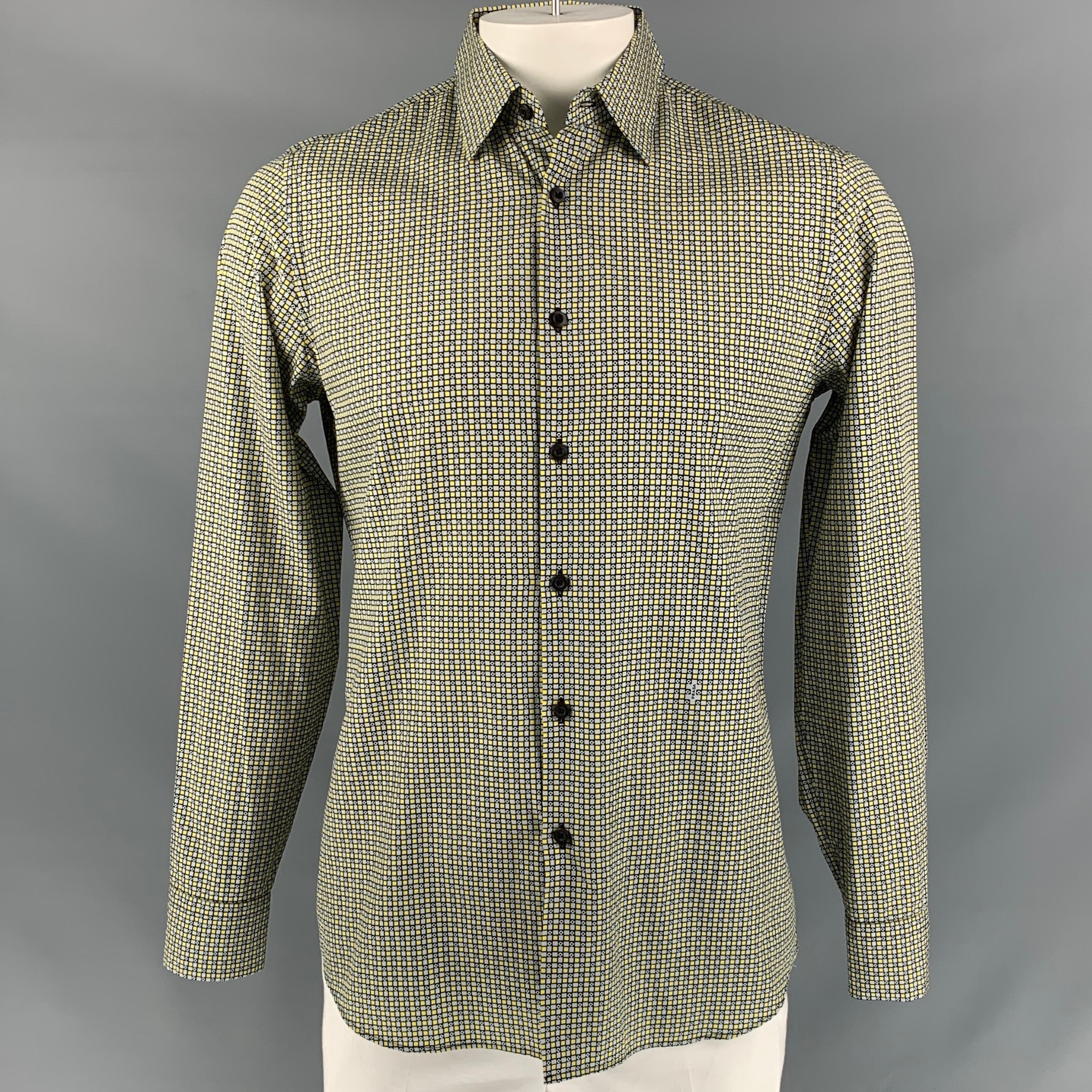 PRADA, PRADA Size L Yellow & Black Checkered Long Sleeve Shirt