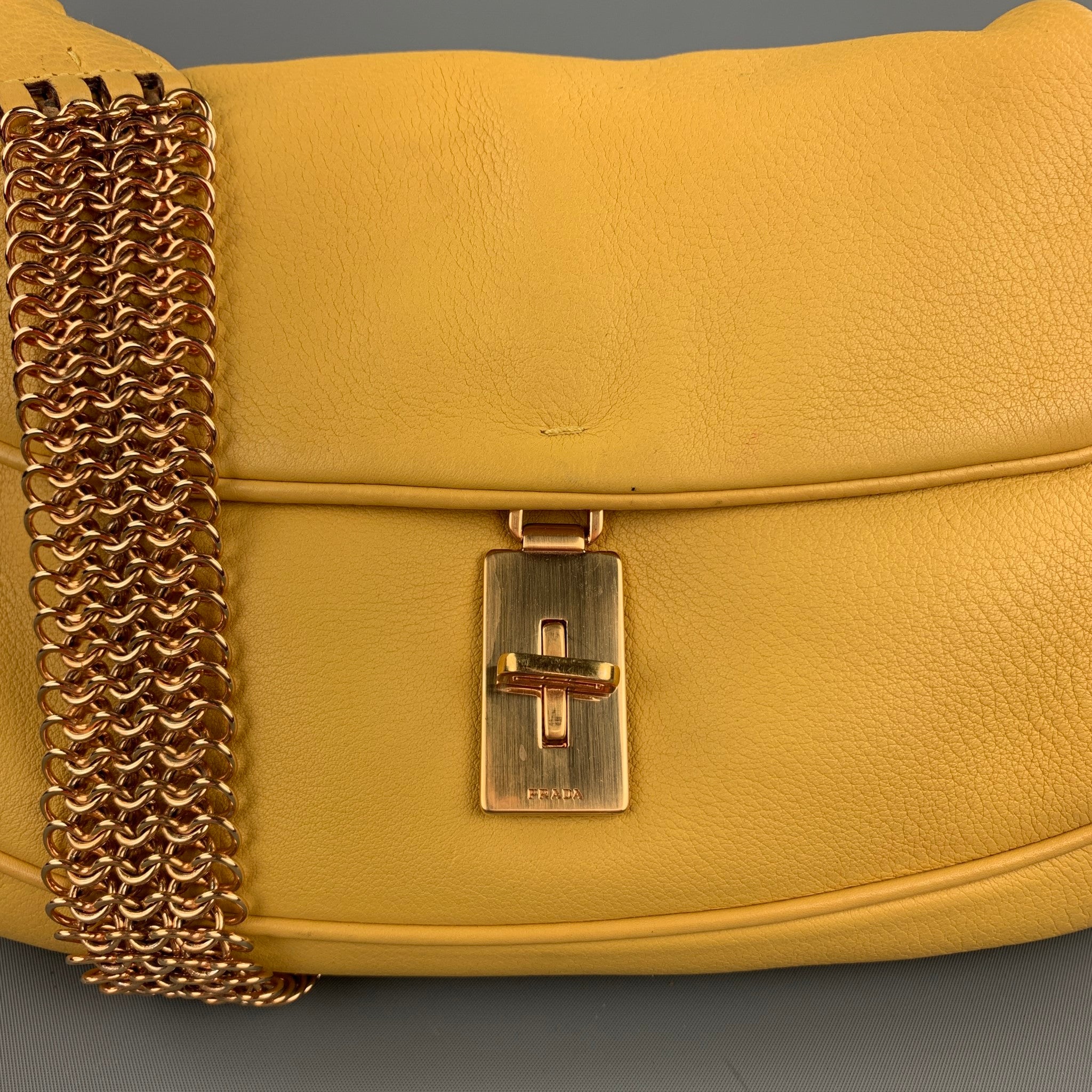 PRADA, PRADA Yellow Leather Gold Tone Chain Strap Handbag