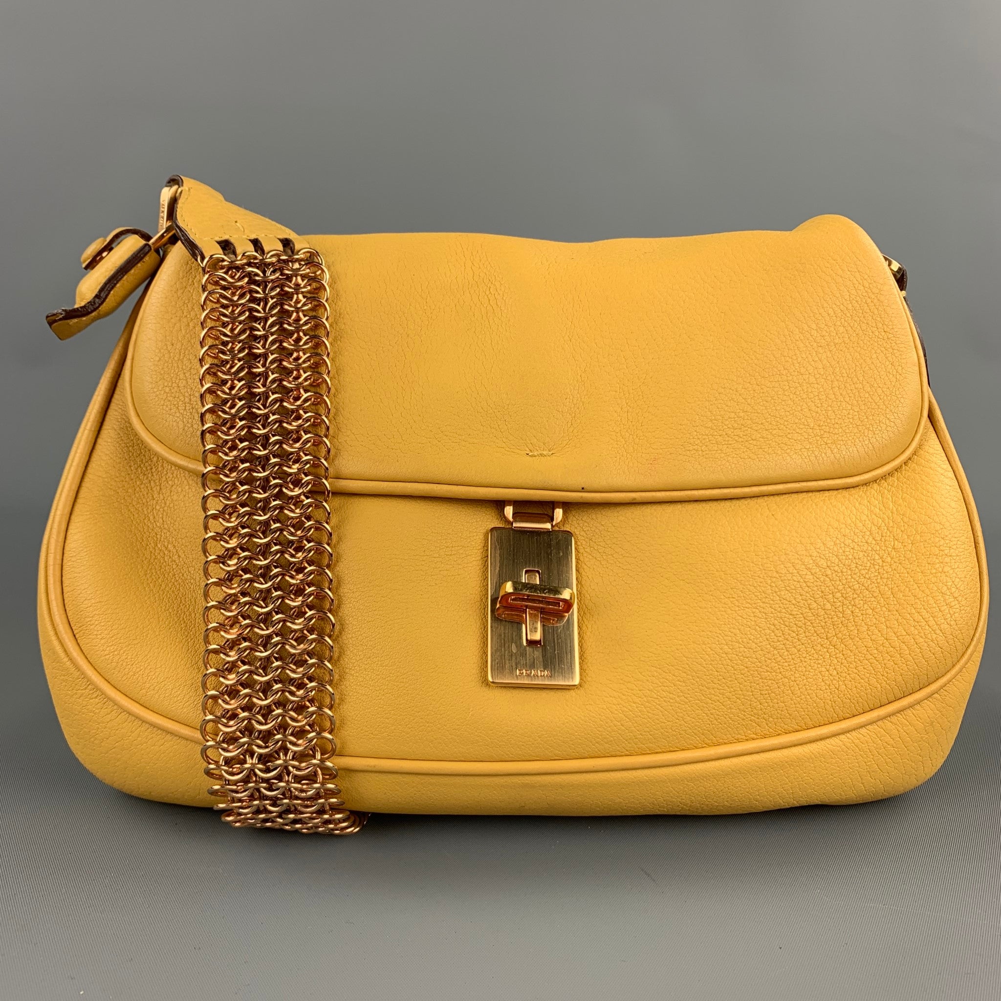 PRADA, PRADA Yellow Leather Gold Tone Chain Strap Handbag