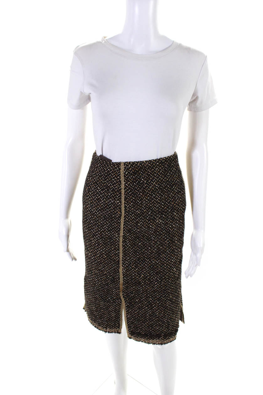 Not Available, Prada Womens Wool Textured Striped Spot Front Slit Pencil Skirt Brown Size EUR38