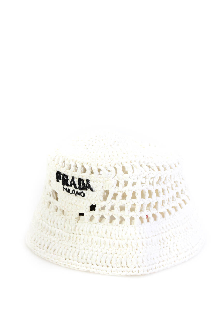 PRADA, Prada Womens Woven Straw Logo Bucket Hat White Black Size Small