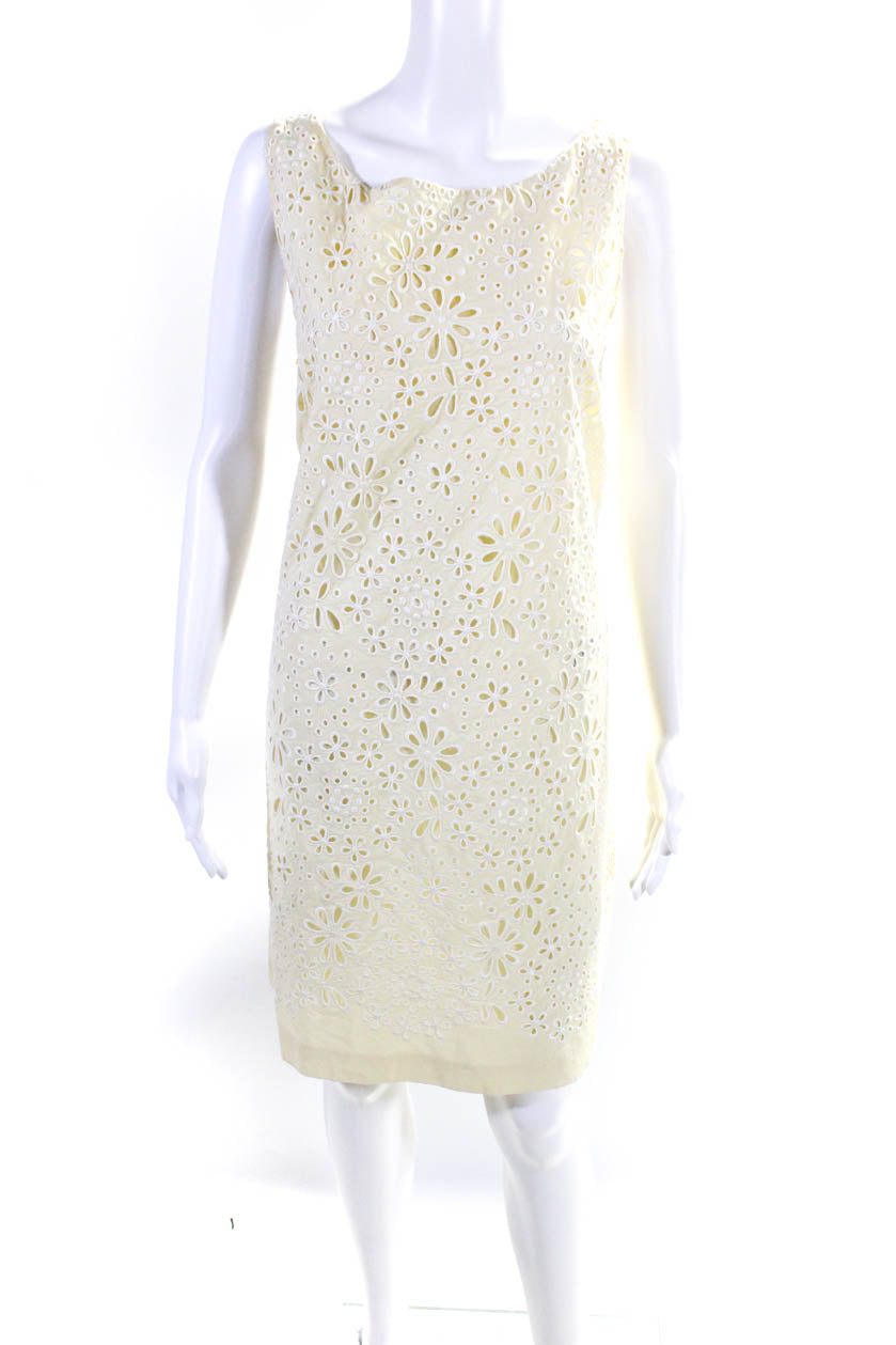 Not Available, Prada Womens Yellow Cotton Floral Print Scoop Neck Sleeveless A-Line Dress SizeM