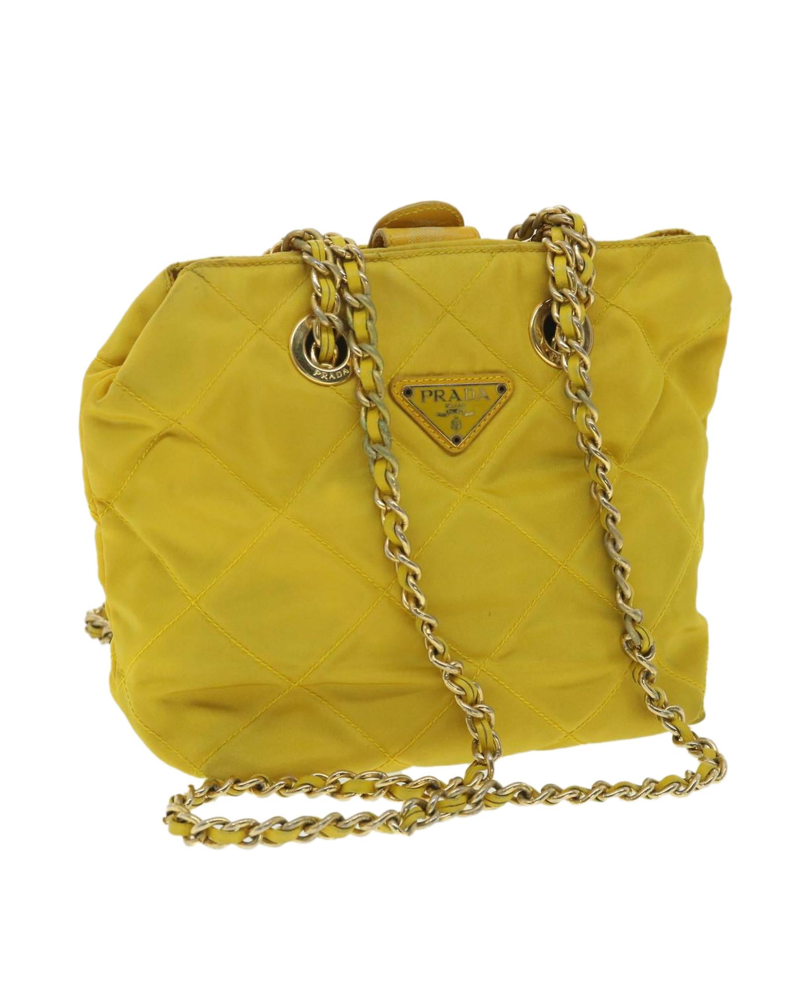 VPID-10042, Pre Loved Prada  Nylon Quilted Chain Shoulder Bag Yellow Yellow Women