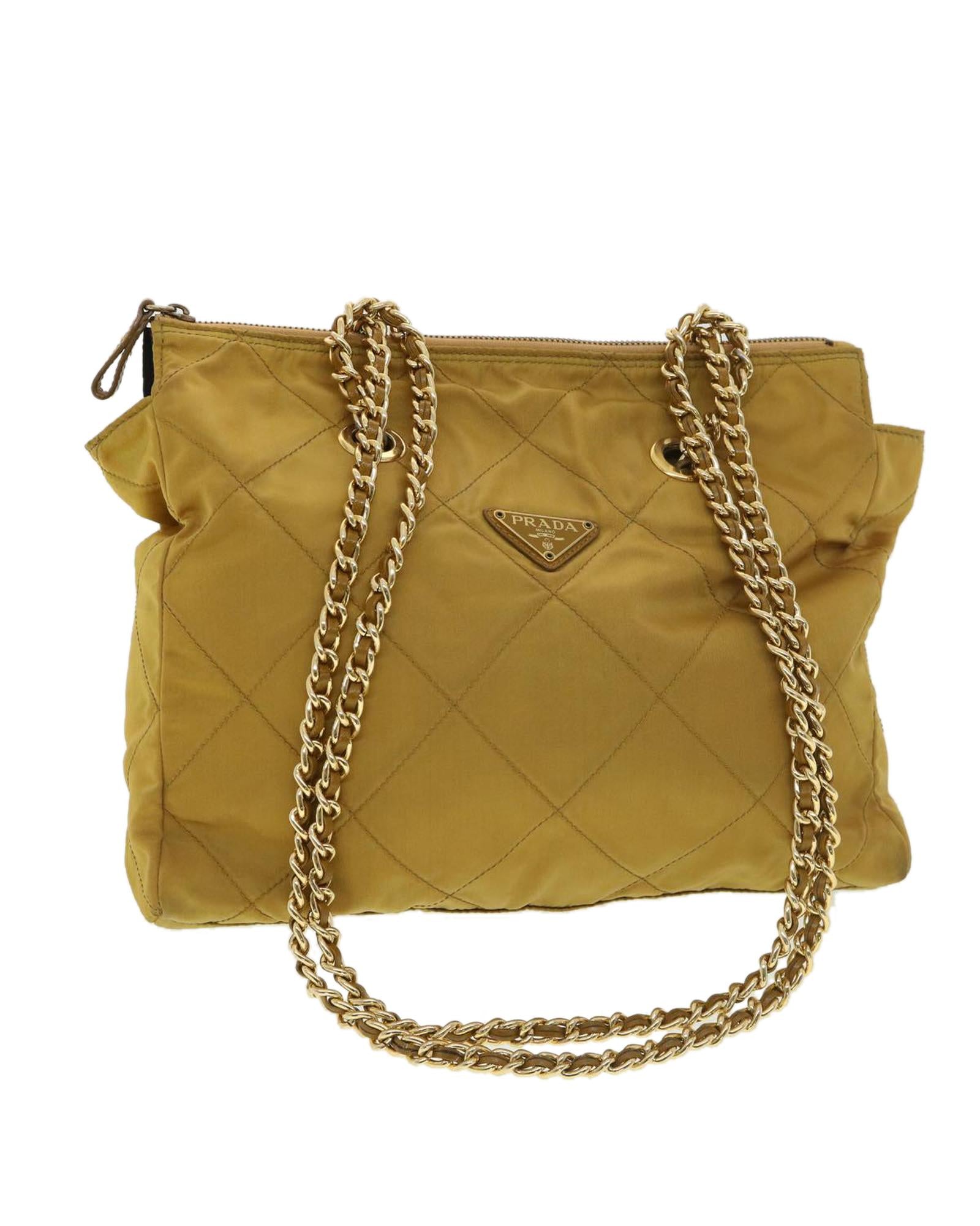 VPID-10042, Pre Loved Prada  Quilted Chain Shoulder Bag Nylon Yellow Yellow Women