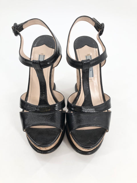 PRADA, Shoe Size 36.5 PRADA Black PATENT Sandals