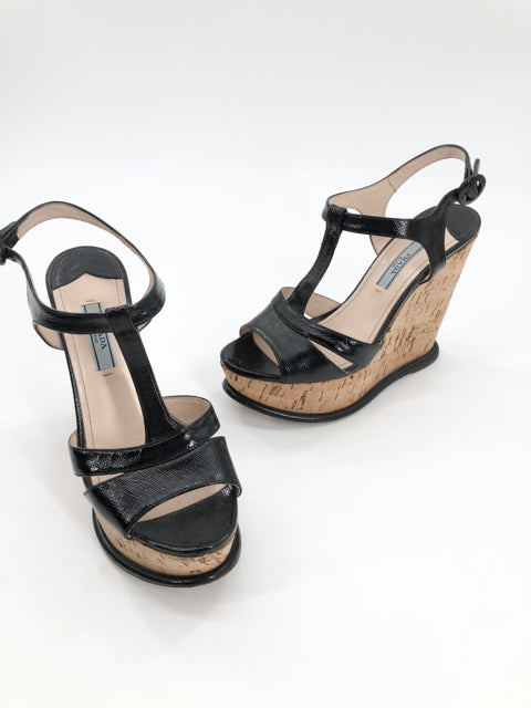 PRADA, Shoe Size 36.5 PRADA Black PATENT Sandals