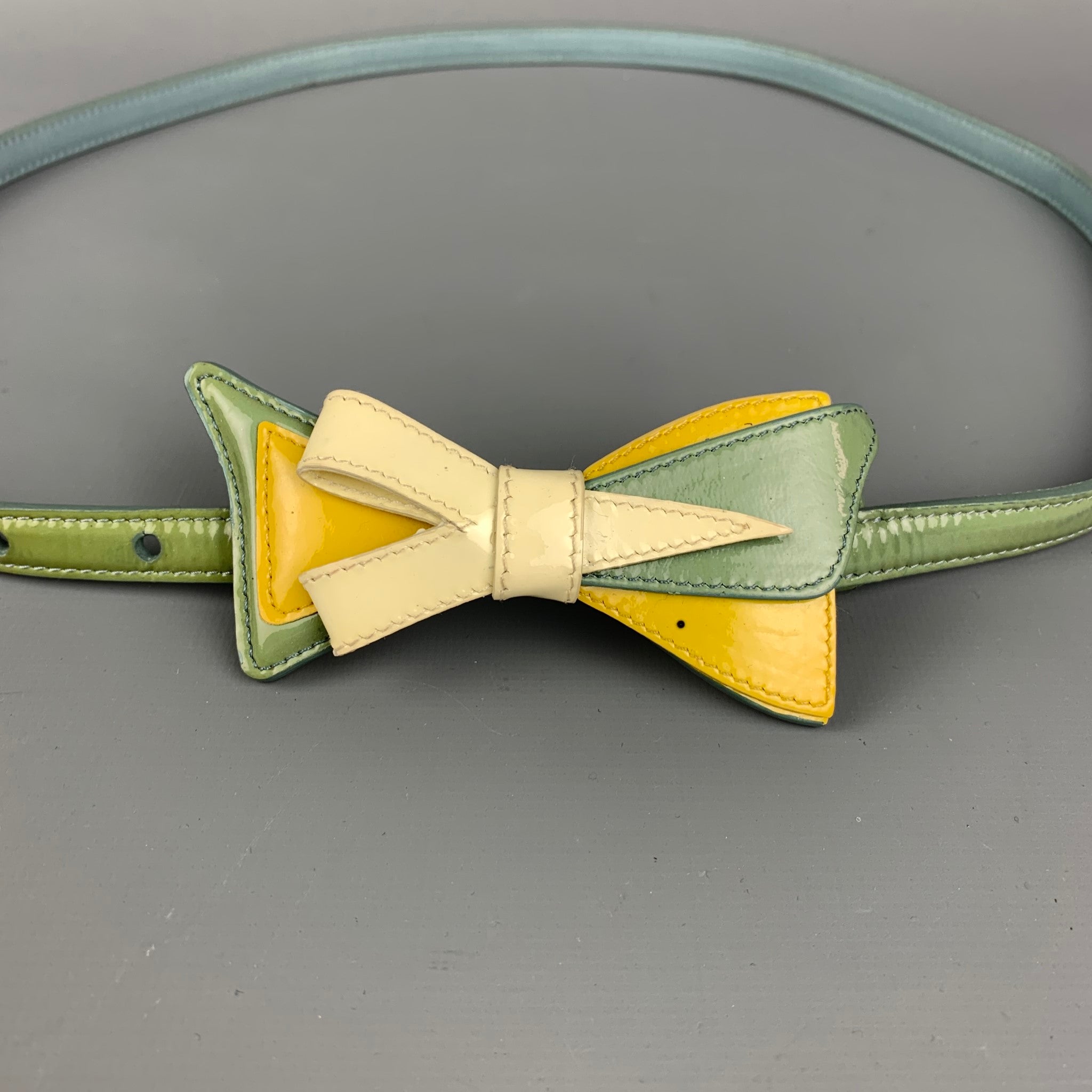 PRADA, Vintage PRADA Size 34 Green & Yellow Patent Leather Bow Skinny Belt