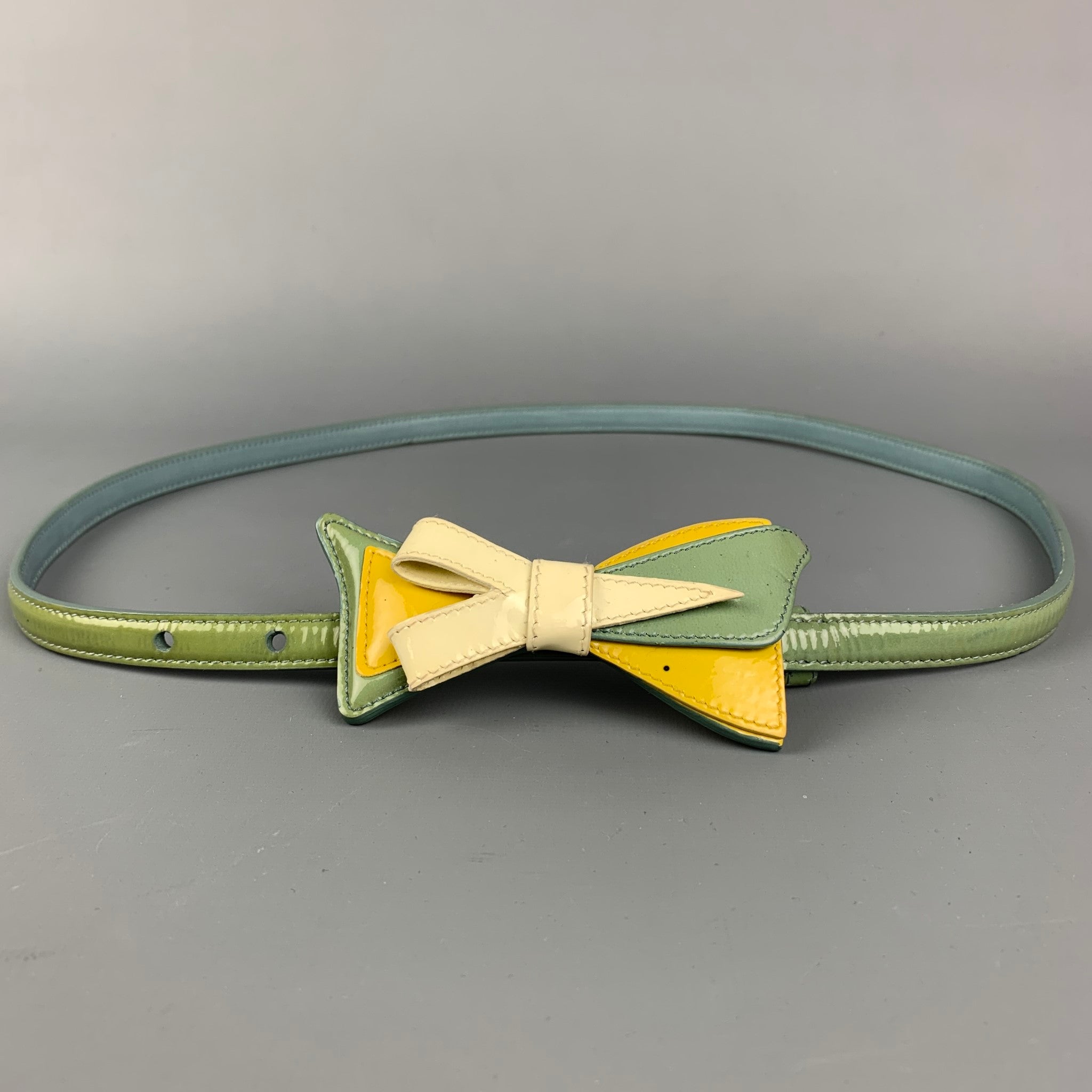 PRADA, Vintage PRADA Size 34 Green & Yellow Patent Leather Bow Skinny Belt