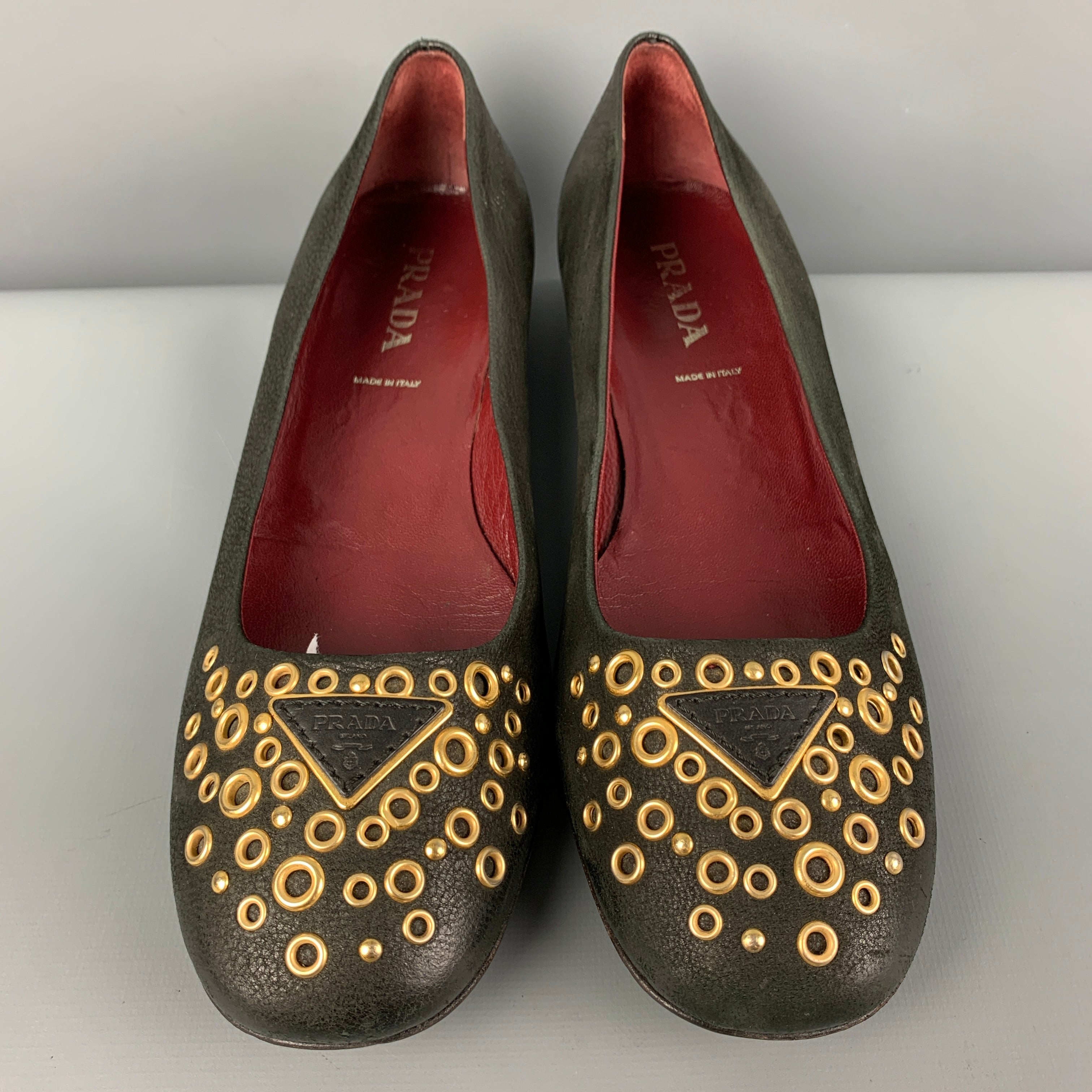 PRADA, Vintage PRADA Size 6.5 Black Leather Grommet Flats